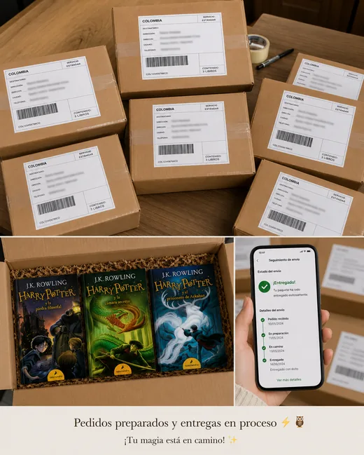 Mensaje de WhatsApp de Pedidos preparados mostrando sus libros de Harry Potter recibidos