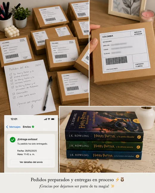Mensaje de WhatsApp de Entregas en proceso mostrando sus libros de Harry Potter recibidos